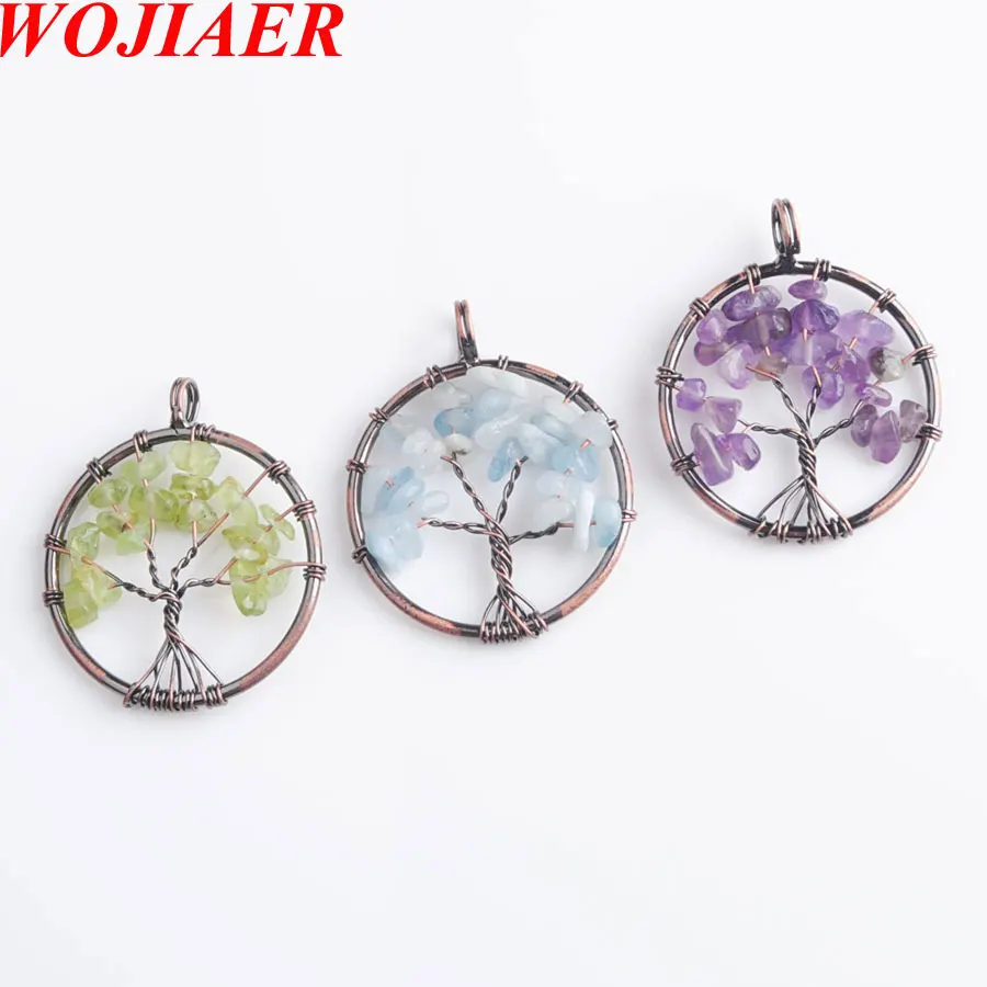 

WOJIAER Ancient Copper Tree of Life Necklace&Pendant Natural Gem Stone Chip Beads Wire Wrapped Women Jewelry PBN820