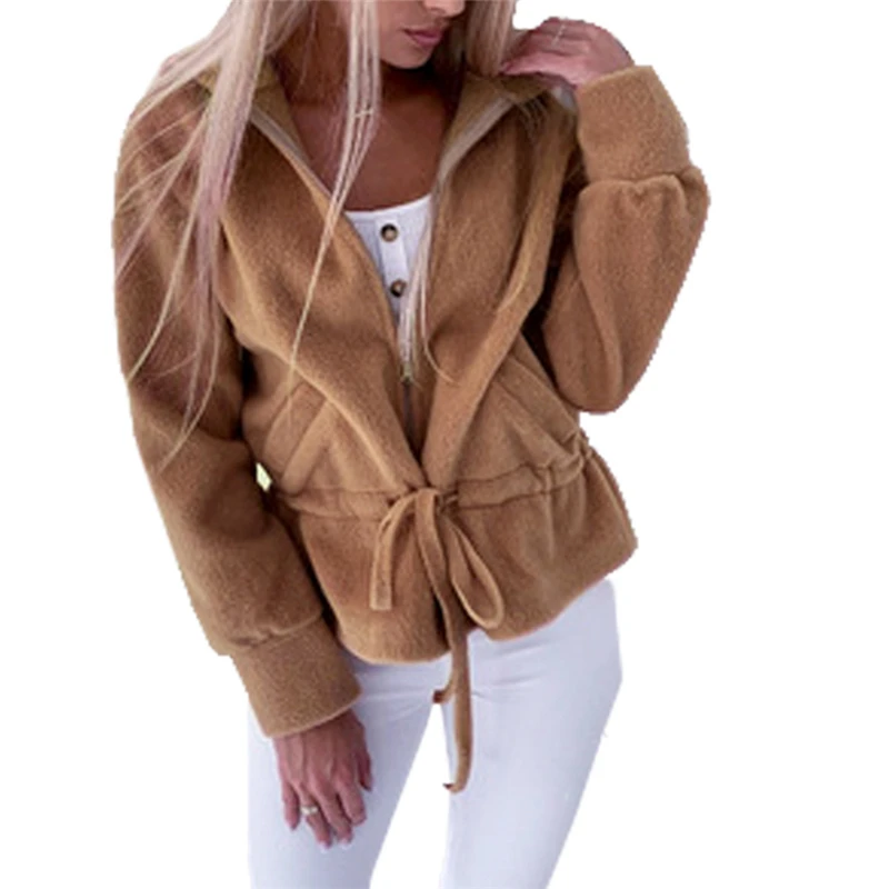 

Fashion Women Polar Fleece Hooded Jacket, Winter Long Sleeve Soft Full Zip Sweatshirt Elastic Waist Coat for Outdoor Wholesale