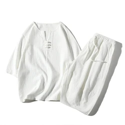 Costume Tang traditionnel pour hommes, vêtements de Style chinois, en lin, ample, respirant, manches 3/4, ensemble haut + pantalon Hanfu, Costume Oriental 
