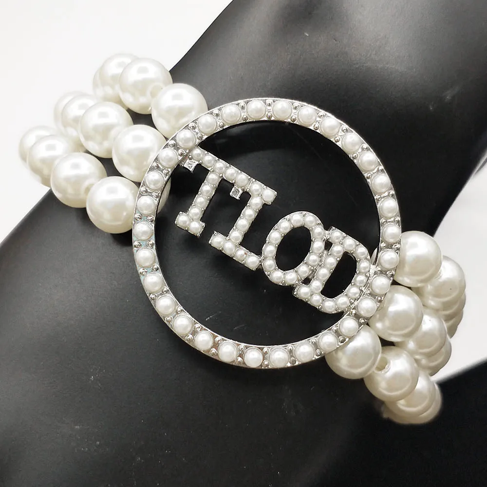 Hand Made Greek Sorority Elastic Line White Pearl Tlod Letter Charm Multilayer Bracelet Women