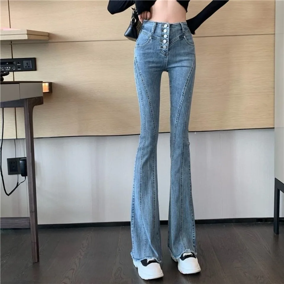 Women's Single Breasted High Waist Flare Jeans Summer Autumn Slim Long Boot Cut Denim Pants Ladies Streetwear Jeans