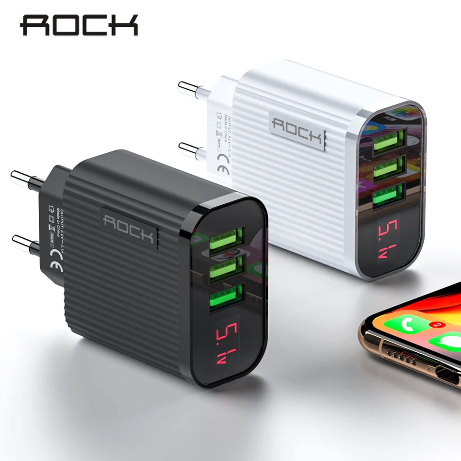 Зарядное устройство ROCK с цифровым дисплеем, 3 порта, USB 3A Max, умное быстрое зарядное устройство, дорожное настенное зарядное устройство, адаптер для iPhone samsung Xiaomi|Зарядные устройства| | АлиЭкспресс