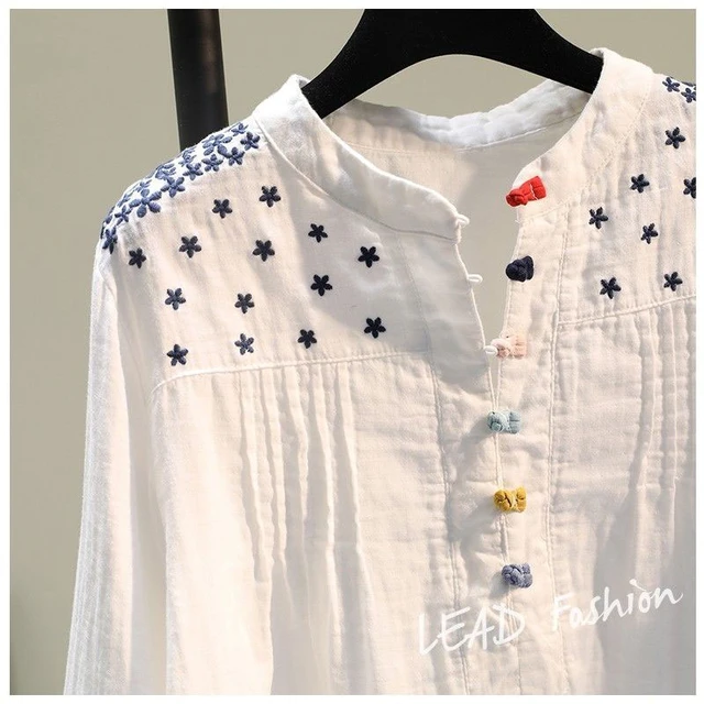 Spring Summer Mori Girl Casual Shirt Women Solid White Long Sleeve Cotton  Embroidery Female Elegant Tops Ladies Blouses U185 - Blouses & Shirts -  AliExpress