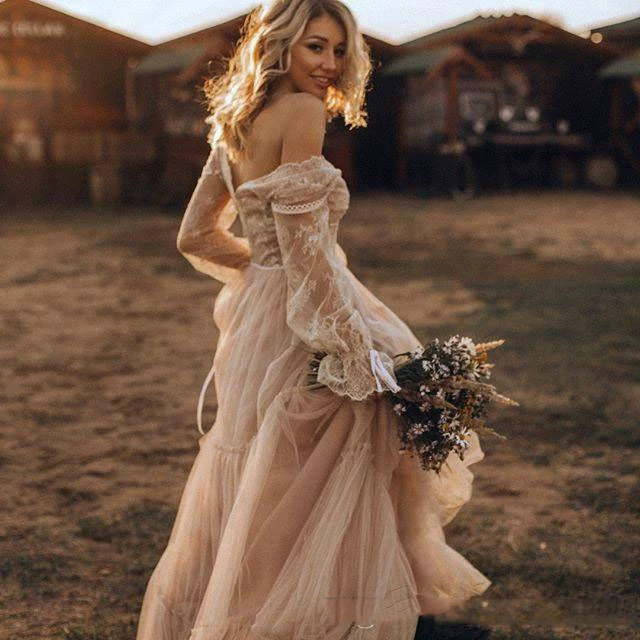 Vestido novia de encaje con cuello en V para primavera, vestido de novia bohemio de manga larga transparente árabe de talla grande|Vestidos de novia| - AliExpress