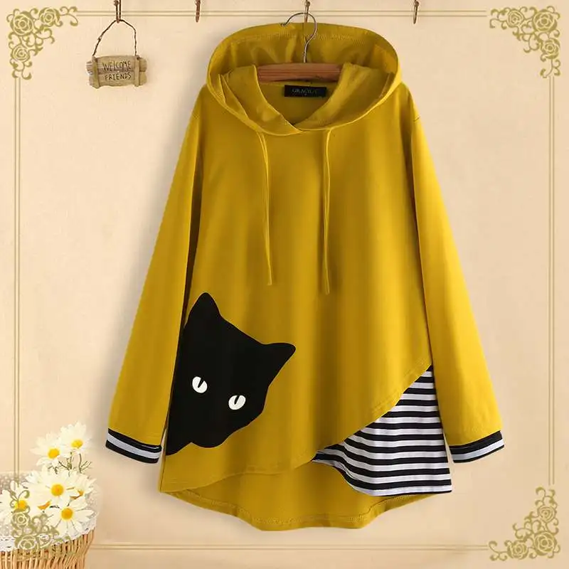  Casual Cartoon Cat Sweatshirt Autumn Hoodies Long Sleeve Pullover Women Vintage Striped Print Patch