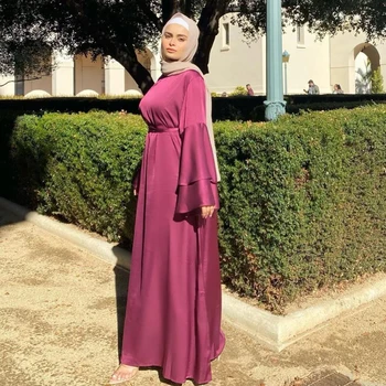 Ramadan Eid Mubarak Muslim Fashion Satin Dresses For Women Abaya Dubai Turkey Islam Hijab Dress Vestidos Robe Musulmane Longue 2