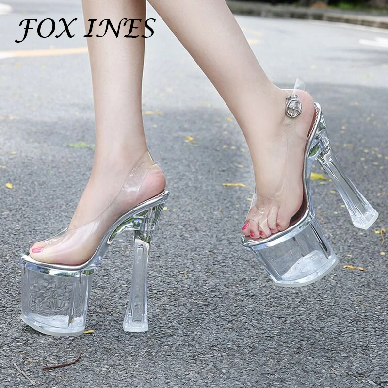 

Sexy High Heels 18 CM Woman Crystal Heel Sandal Women Platform Shoes Strap Buckle Clear PVC High Heel Transparent Stripper Shoes