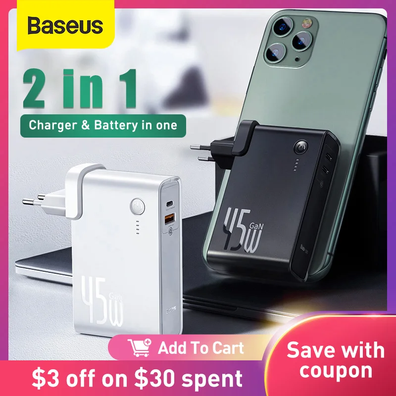 Photo Product Baseus Power Bank 10000mAh 45W GaN Charger USB C PD Fast Charging 2 in 1 Charger & Battery as One ForiP 11 Pro Laptop ForXiaomi
