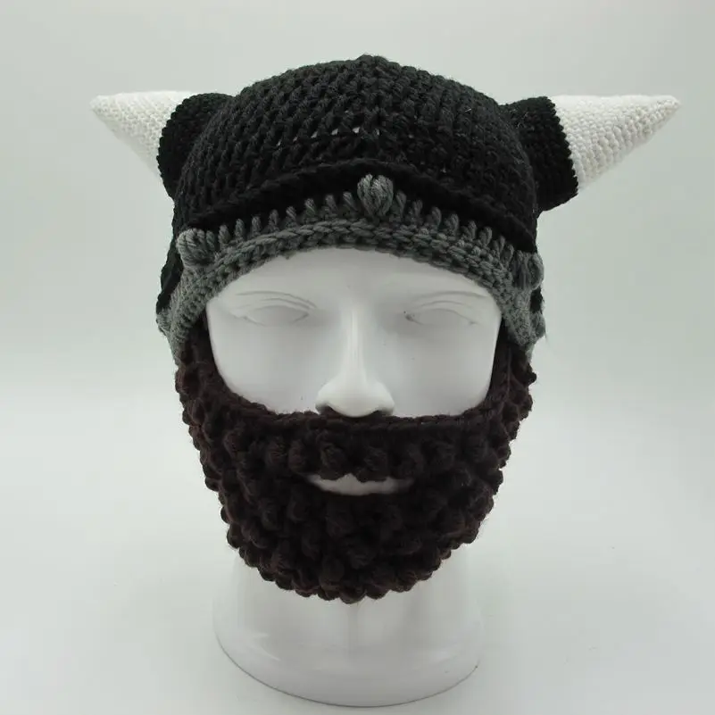 Men's Vikings Helmet Hat Horn Beard Handmade Knit Winter Cap Warm Beanie Halloween Gift Vicking Party