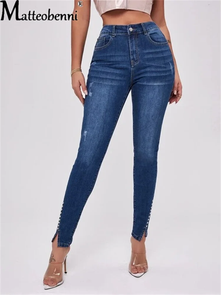 Womens Fashion High Waist Stretch Skinny Jeans 2021 Autumn Ladies Blue Retro Washed Elastic Slim Split Fork Beads Pencil Trouser spring and autumn women 2021 fashion cotton jeans blue retro harlan washed new high waist office ladies casual jeans women