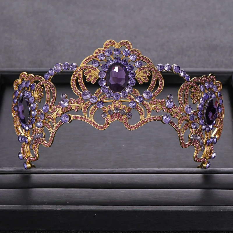 Vintage Wedding Crown Hair Accessories Baroque Purple Rhinestone Crystal Crown Headband Bridal Hair Accessories Crown Gift - Metal color: Antique Bronze Plated