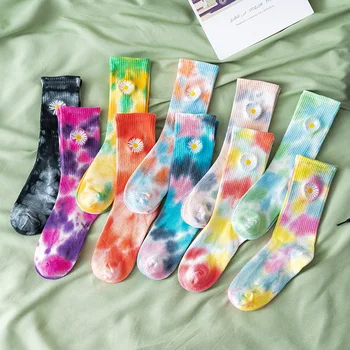 

Tie Dye Women Sock Daisy Skateboard Ladies Socks Unisex Crew Casual Warm Cotton Sox Hip Hop Girls Autumn Winter Trendy Skarpetki