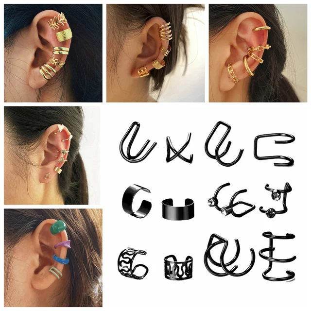 Réinitialisation de boucles d'oreilles en feuilles d'or vintage pour hommes  et femmes, manchette d'oreille noire, clips d'oreille non perçants, faux  cartilage, bijoux - AliExpress