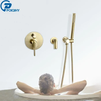 

POIQIHY Brushed Gold Bathtub Faucet Wall Mounted Waterfall Bath Shower System Embedded In Wall Tub Water Tap Shower Mixer Faucet