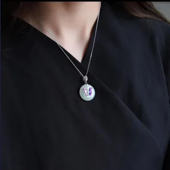 

Fine jewelry natural 925 silver white jade ancient safety clasp inlaid with purple butterfly lucky pendant necklace for women