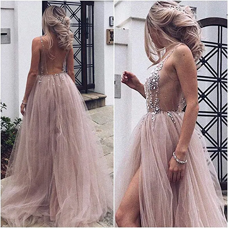 Новое поступление вечерние платья для выпускного вечера vestido de noiva sereia платье кружевное платье robe de soiree пикантные с разрезом сбоку бисер Кристалл - Цвет: dark pink