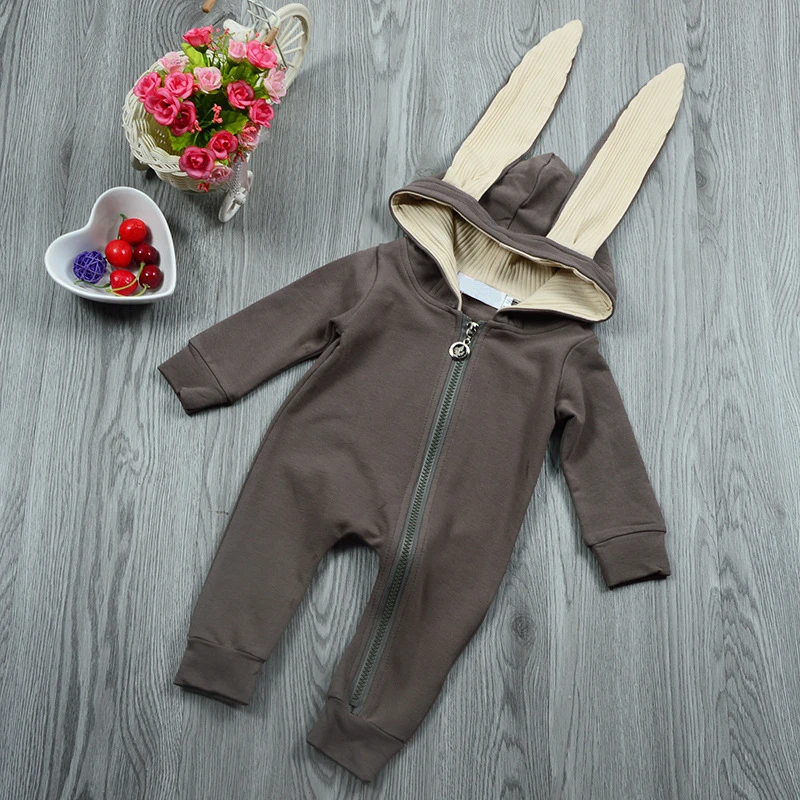 Grey-A63 Комбинезоны для новорожденных; хлопковая одежда для малышей; Детский комбинезон для альпинизма; сезон весна-осень; Милая верхняя одежда для малышей с капюшоном и заячьими ушками; одежда для детей от 0 до 18 месяцев - Цвет: Grey-A63