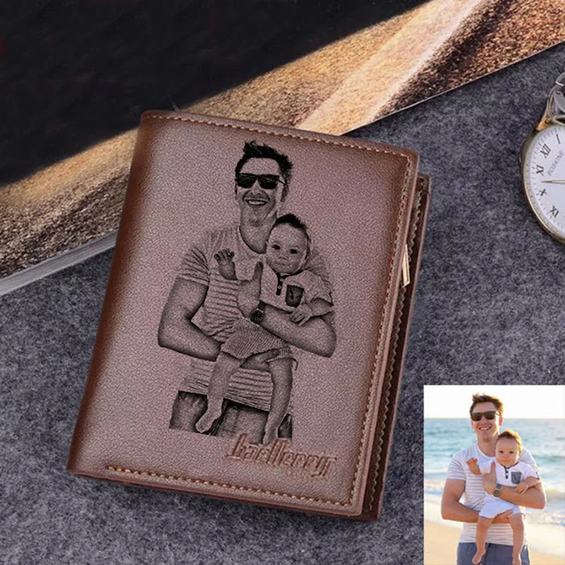 Men's Personalized Engraved Photo Wallet Short PU Leather Wallet Customized Picture Engraving Text Wallet Father's Day Gift afbeelding