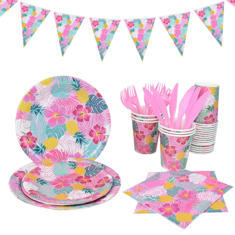 

Hawaiian Birthday Decorations Summer Aloha Party Disposable Tableware Paper Cup Plate Napkins Set Luau Tropical Party Supplies