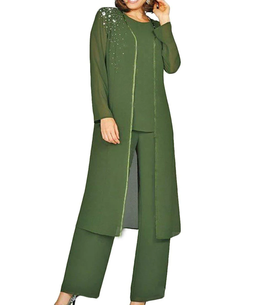 Army green Женский элегантный костюм из 3 предметов, украшенный кристаллами, шифоновое платье для матери невесты, брючный костюм с жакетом, наряд для свадьбы, жениха - Цвет: Army green