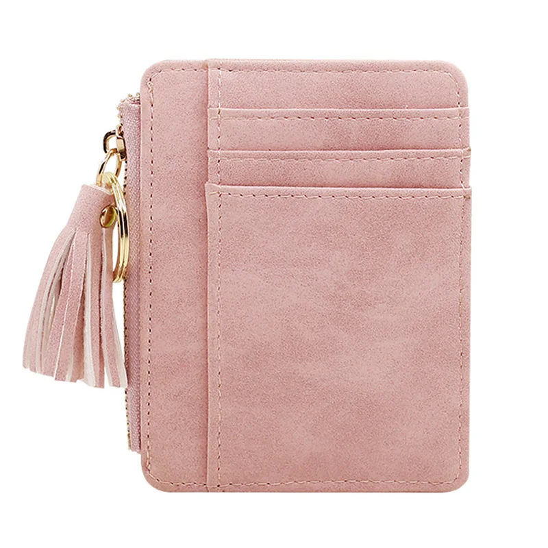 

Matt Leather Mini Tassel Women Card Holder Cute Credit ID Card Holders Zipper Wallet Case Change Coin Purse Keychain Nubuck New