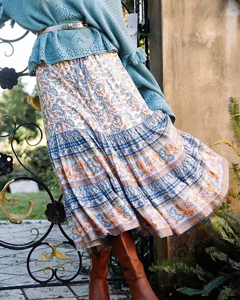 Everkaki Boho Длинные юбки с принтом женские осенние зимние цыганские пояса завязываются свободные каникулы Женские винтажные повседневные юбки женские Новые