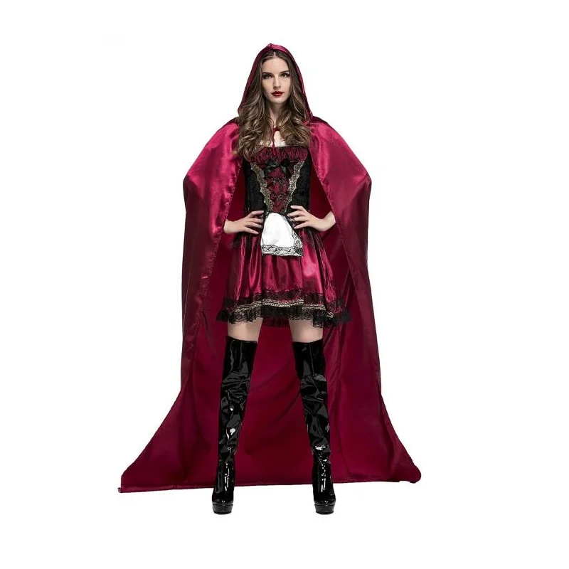 

Sweet Little Red Riding Hood Halloween Costume Masquerade Carnival Fancy Outfit Cosplay Little Red Cap Dress with Cloak