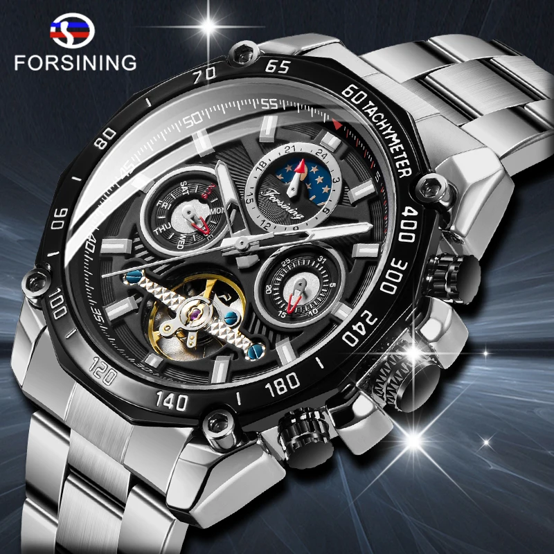 

Top Brand Luxury FORSINING Men Automatic Military Watch Tourbillion Watch Stainless Steel Luminous Calendar Display Watch