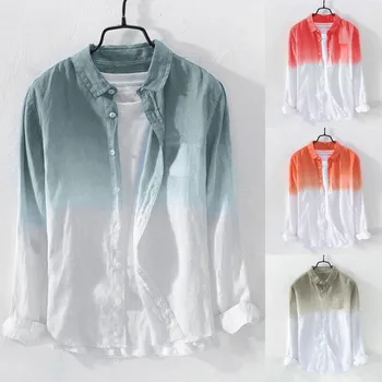 

Summer Mens Cool Thin Breathable Lapel Collar Hanging Dyed Gradient Cotton Shirt Button Pocket Shirts M-3XL camisa masculina ca