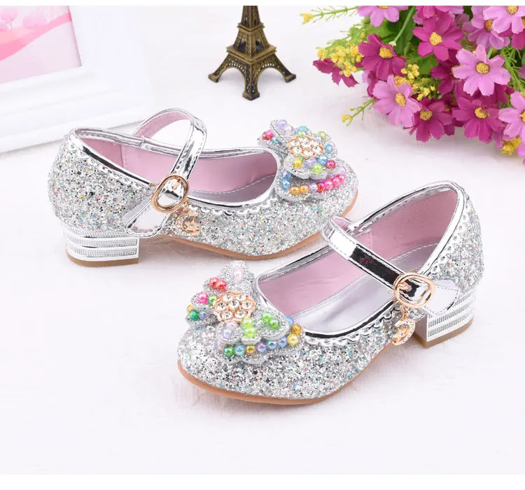 Children Princess Leather Shoes student dance shoes Girls High Heel Sandals Dress Kids Leather Glitter Crystal Shoes Banquet