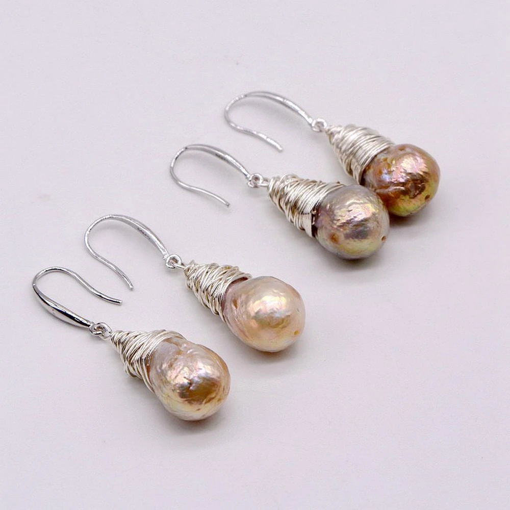 Rainbow Pearl Earrings Natural Color Natural Pearl 925 Sterling Silver Earrings Handmade Baroque Pearl Pendants Women's Earrings