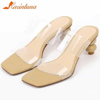 

KARINLUNA Summer slip-on High Heels Mules Comfort Leather Insole Heeled Women Mules 2020 Trendy Pvc Dress Women Shoes