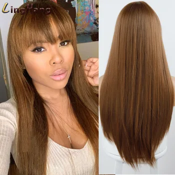 

LINGHANG Long Straight 613 Blonde Synthetic Wigs With Bangs for Women Cosplay Hair wig Heat Resistant Black Brown Hairpiece
