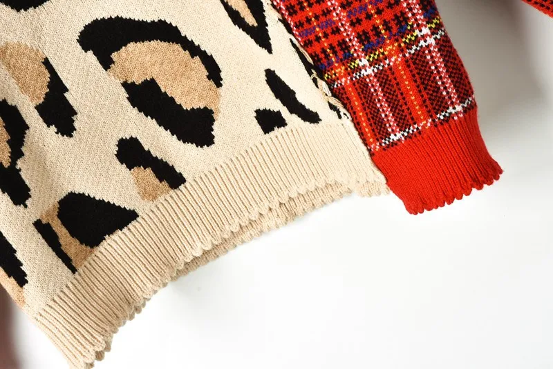 Осень-зима, новые цветные вязаные свитера с леопардовым принтом в красно-черную клетку с длинными рукавами и круглым воротником