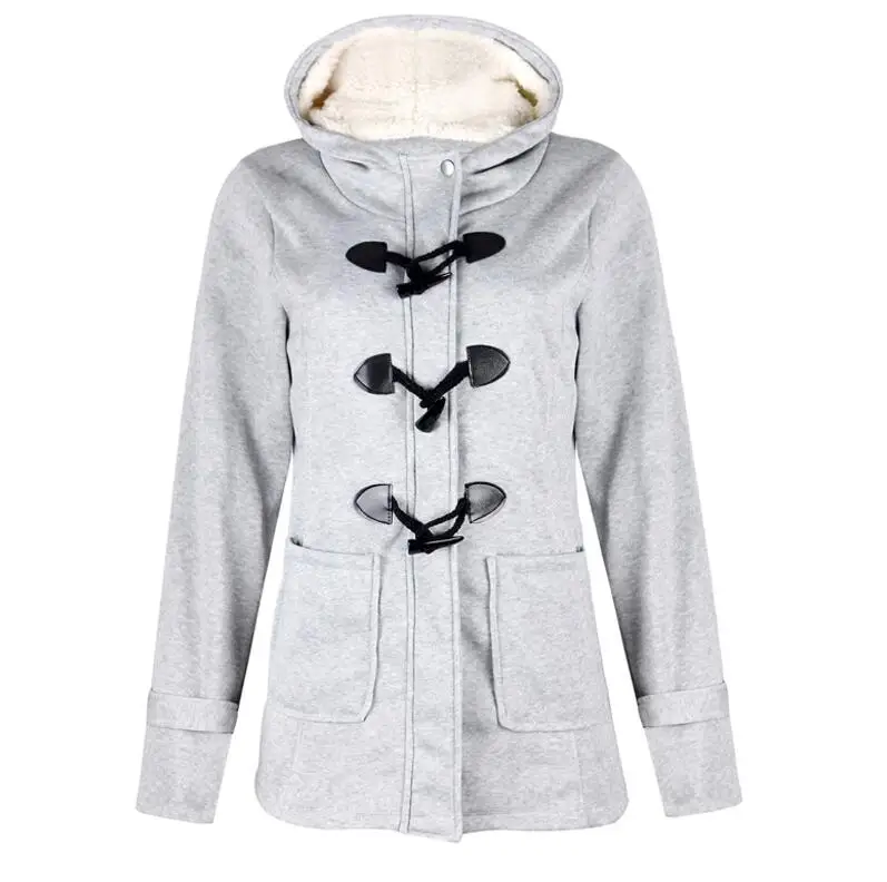 Women Trench Coat Women Wool Blend Overcoat Female Slim Long Hooded Coat Zipper Horn Button Outwear Plus Size - Цвет: light grey