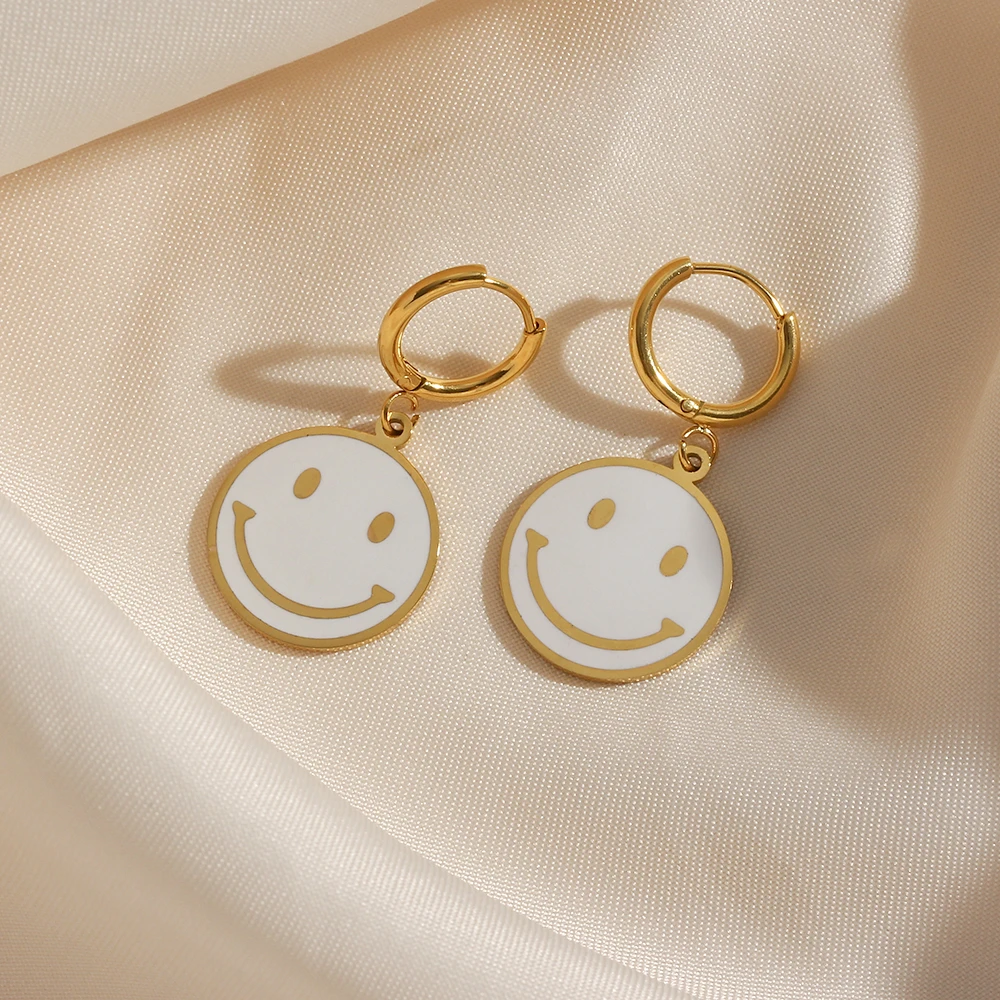 Y2K Ohrringe Schmuck Optimistisch Bunte Smiley Gesicht Charme Huggies  Ohrring Edelstahl 18K Gold Überzogene Damen Lächeln Ohrring|Hoop Earrings|  - AliExpress