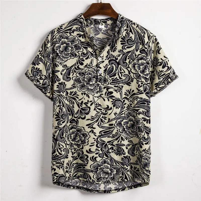 Мужская гавайская рубашка camisa, летняя Этническая Повседневная хлопковая льняная рубашка с коротким рукавом, мужская рубашка chemise homme, уличная одежда W