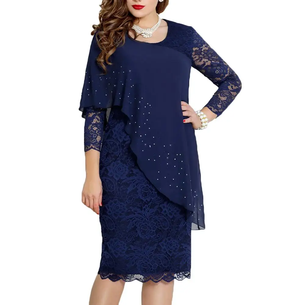 ElegantDressWomenLaceLongsleeveSolidColorONeck34Sleeve