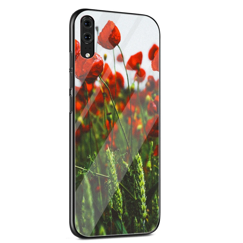 Стеклянный Чехол для мобильного телефона huawei P30 P20 P Smart P10 Y6 7A Y9 Honor 8X9 10 mate 20 Pro Lite с красными маками на черном стиле