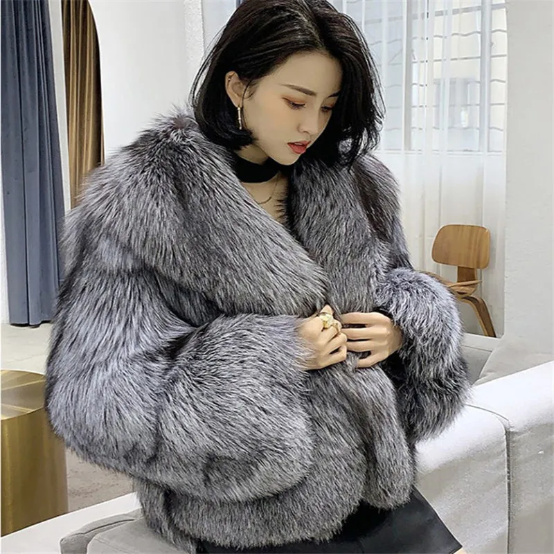 

OKXGNZ Fashion Autumn Winter Women Imitation Fox Fur Jacket Short Faux Fur Casual Tops Silver Fox Colour Full Fur Coat S-9XL