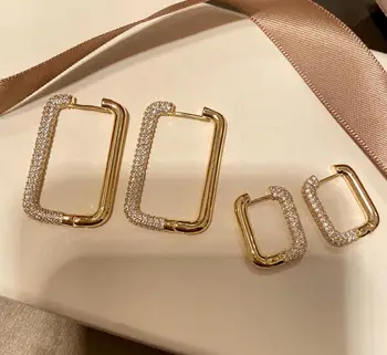 

White rectangular geometric women earrings simple mosaic gold ins shiny rhinestone earrings