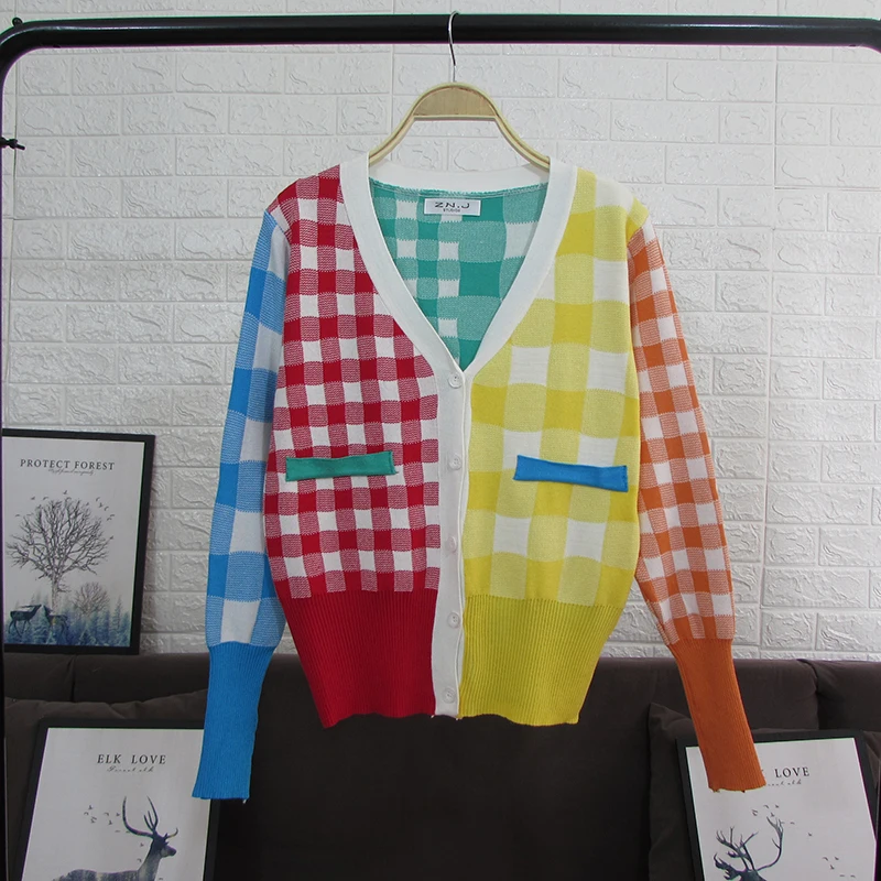 

Women Cardigans 2019 Vogue Autumn Plaid Sweater V neck Coats Knitted Rainbow Casual Loose Hit Color korean Winter oversized top
