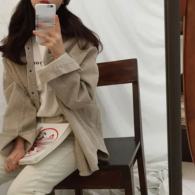 Новые вельветовые куртки Harajuku для женщин, осенне-зимние пальто размера плюс, женские большие Топы, милые Куртки, одноцветная одежда