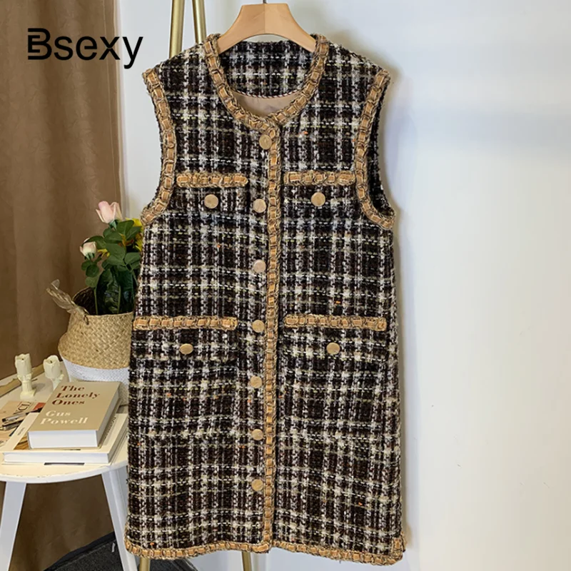 

Women Long Vest 2019 Autumn Winter Round Neck Single Breasted Plaid Tweed Sleeveless Vest Jacket Outerwear chaleco mujer