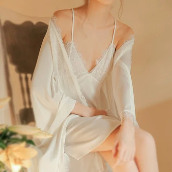 

2 Pieces Set Women White Lace Elegant Nightgown Nightdress Sleepwear Spring Summer Pyjamas spaghetti Strap Beach Dress Bathrobes