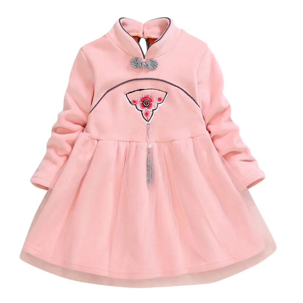 Платье для маленьких девочек костюм в стиле династии Тан китайское Новогоднее платье с длинными рукавами для девочек, традиционная одежда с принтом От 1 до 5 лет