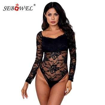 

SEBOWEL 2020 Sexy Black/White Long Sleeve Bodysuit Women Floral Lace Bodysuits Female Sexy Sheer Body Tops Bodycon Lace Jumpsuit