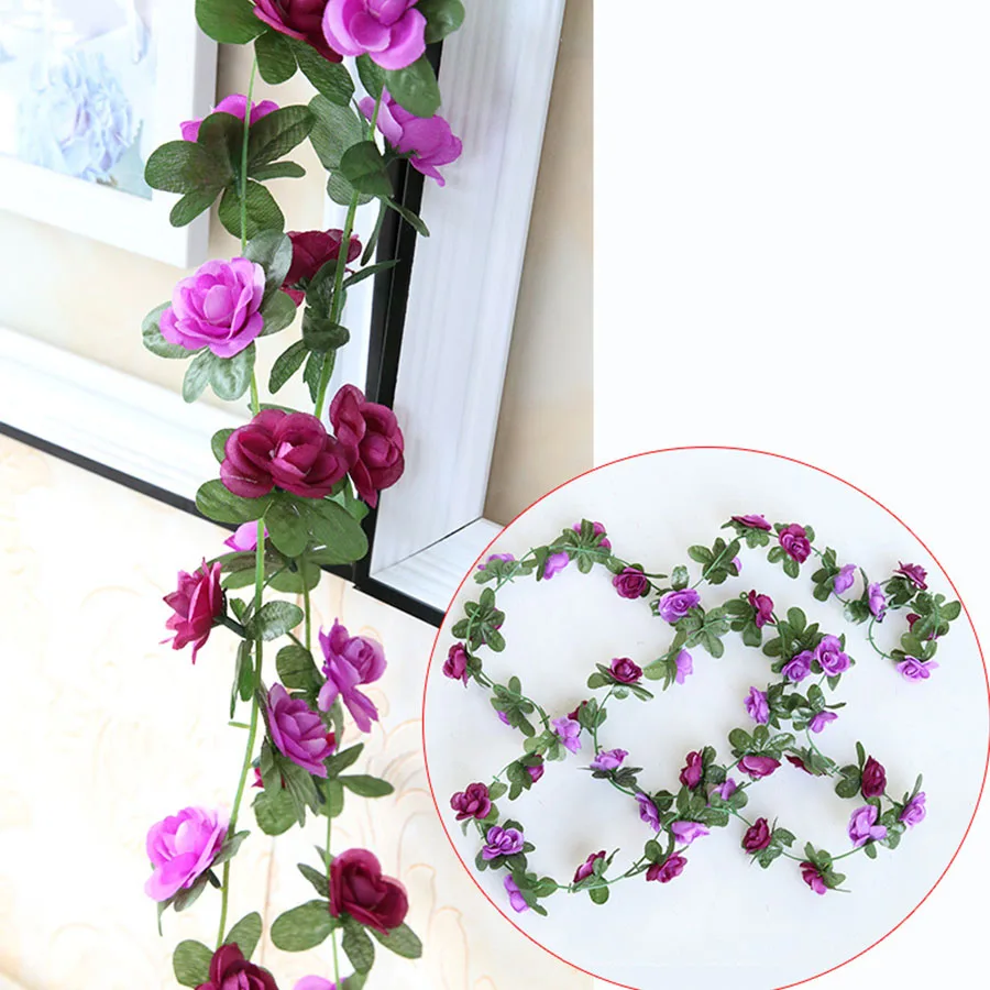 250 см искусственная лоза цветок Шелковая Роза с пластиковыми зелеными листьями искусственный цветок ветка розы свадебная настенная гирлянда для развешивания украшения - Цвет: purple