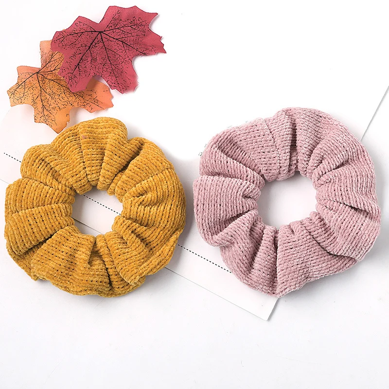 

Women Warm Corduroy Big Hair Scrunchies Solid Soft Vintage Hair Gums Striped Fabric Rubber Bands For Hair Elastic Rope Ring Pink