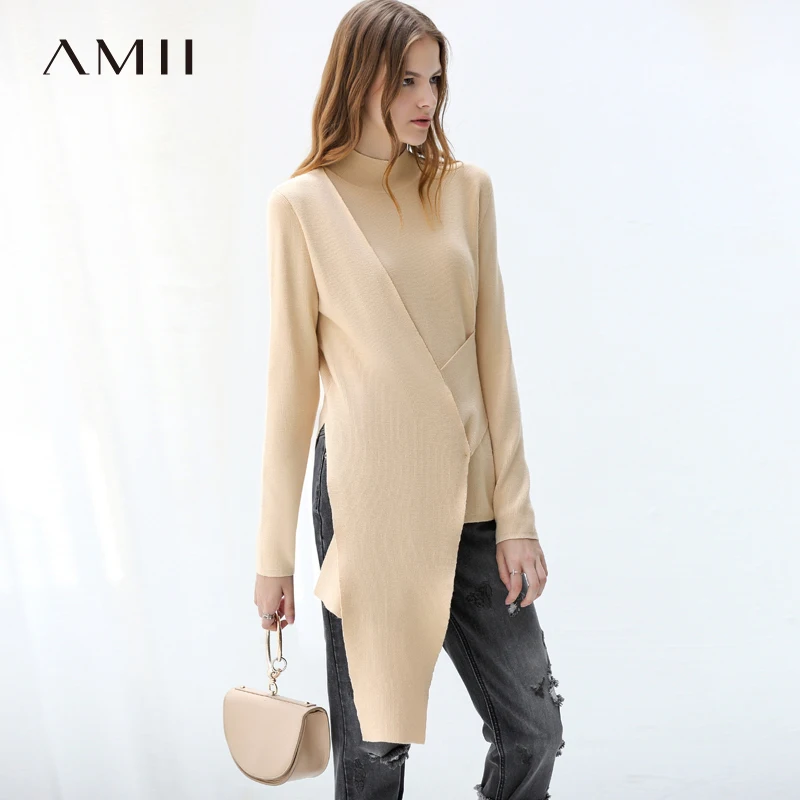 Amii Autumn Women Irregular Turtleneck Pullover